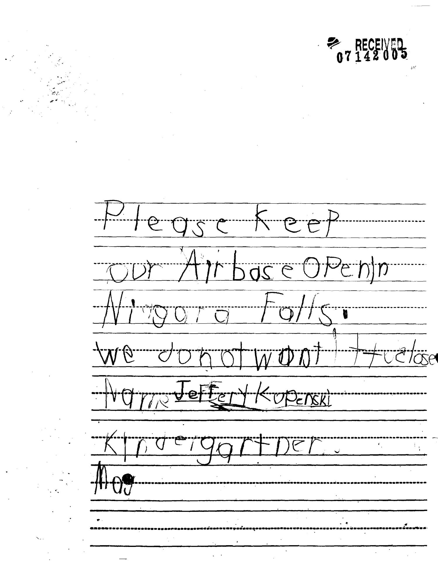Letters From Children at Niagara Air Base Pleading for the Base to Stay Open
                                                
                                                    [Sequence #]: 12 of 85
                                                