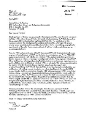 Letter from Maria Litt Regarding Army Research Laboratory at NASA Glenn Research Center, OH