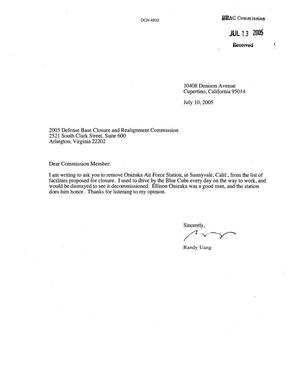 Community Correspondence - Letter from Randy Uang Regarding Onizuka Air Force