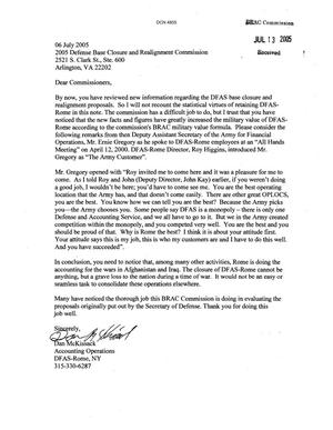 Letter from Dan McKissack Regarding DFAS Rome