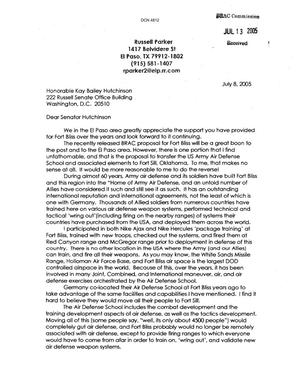 Letter from Col (Retired) Russell Parker regarding Air Defense School at Fort Bliss Texas