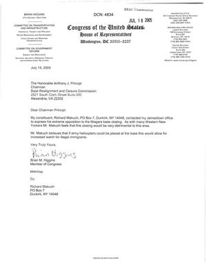 Letter from New York Representative Brian Higgins to the BRAC Chairman Anthony J. Principi dtd 14 July 2005