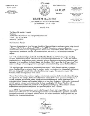 Letter from member of Congress Louise Slaughter to Chairman Principi dtd 13 July 2005