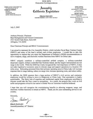 Executive Correspondence – Letter dtd 07/05/05 to Chairman Principi from CA Legislature Assemblymember Fran Pavley