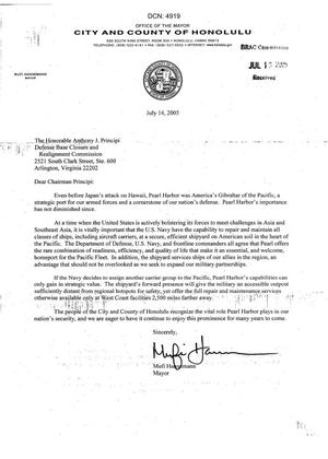 Letter from Mayor Mufi Hannemann to Chairman Principi dtd 14 July 2005