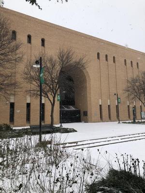 Primary view of object titled '[Snow day on University of North Texas (UNT) view of Willis Library]'.