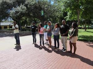 Primary view of object titled '[Students in UNT Library Mall]'.