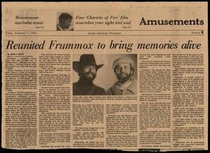 Primary view of object titled '[Clipping: Reunited Frummox to bring memories alive]'.