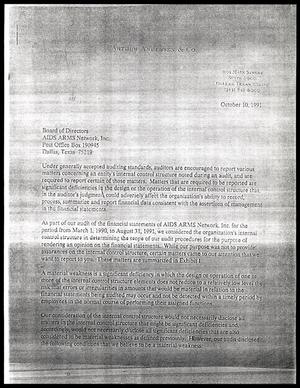 [Copy of letter from Arthur Anderson & Co. to AIDS ARMS Network, October 10, 1991]