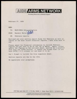 Primary view of object titled '[Memorandum from Randall White to RWJF/HRSA Sub-contractors, February 27, 1989]'.