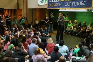[Chelsea Clinton speaks in front of crowd at UNT Union]