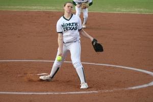 [Ashley Lail pitches at UNT softball game]