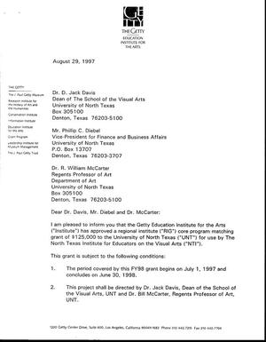 [Grant approval letter from the Getty Education Institute for the Arts to Dr. D. Jack Davis, Phillip C. Diebel, and William McCarter - August 29, 1997]