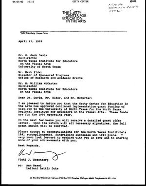 [Letter from Vicki J. Rosenberg to D. Jack Davis, Mark Elder and R. William McCarter, April 27, 1992]