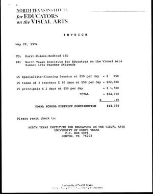 [Invoice from North Texas Institute for Educators on the Visual Arts to Hurst-Euless-Bedford Independent School District, May 22, 1992]