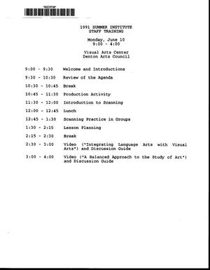 [North Texas Institute for Educators on the Visual Arts 1991 Summer Institute Staff Training Agenda]
