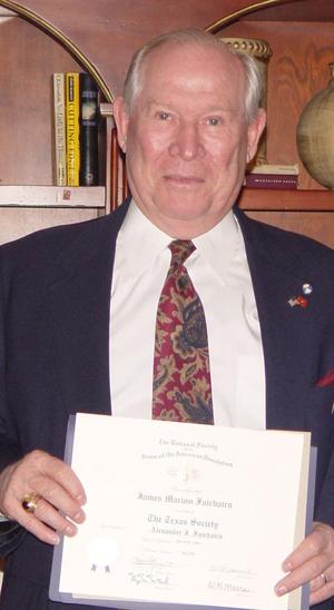 [James Marion Fairbairn with certificate at TXSSAR Dallas Chapter 75th Anniversary event]