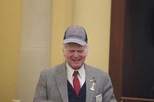 [John Morton wears Rose Bowl Game cap at TXSSAR Dallas Chapter meeting]