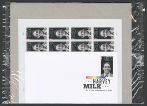 Primary view of object titled '[Harvey Milk stamps and Harvey Milk stamp on envelope]'.