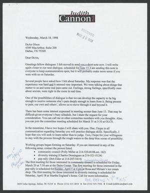Primary view of object titled '[Letter from Dr. Judith Cannon to DeAn Olson, March 18, 1998]'.
