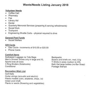 Wants/Needs Listing January 2018