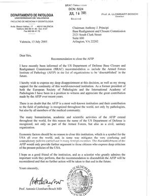Letter from Professor Antonio Llombart-Bosch MD to the BRAC Commission dtd 13 July 2005