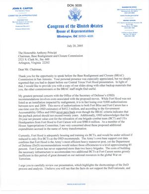 Letter from Congressman John R. Carter to Chairman Anthony J. Principi dtd 20 July 2005