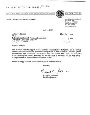 Letter from President  Richard C. Atkinson to Chairman Anthony J. Principi dtd 13 July 2005