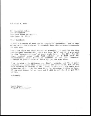[Letter from Nancy Cason to Dr. Kathleen Cohen, February 8, 1991]