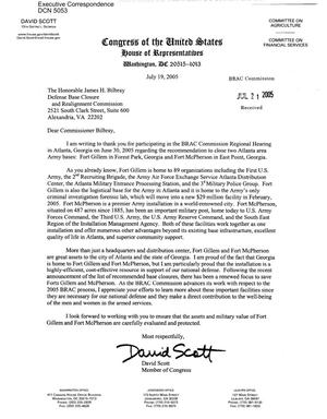 Executive Correspondence – Letter dtd 07/19/2005 to Commissioners Bilbray, Skinner, and Gehman from Rep David Scott (13th GA)