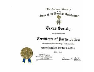 [Certificate of Participation to the Texas Society, Sons of the American Revolution]