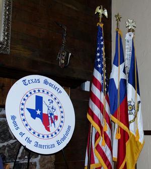 [TXSSAR insignia and flags at August 10, 2019 Arlington Chapter meeting]