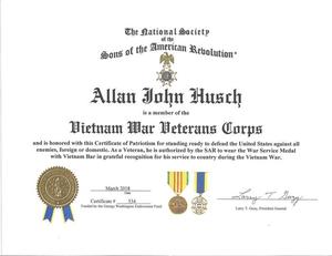 [Certificate of Patriotism to Allan John Husch]