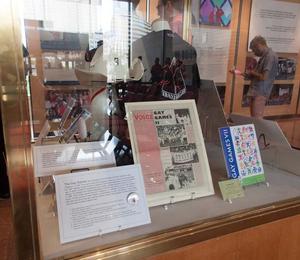 Primary view of object titled '[Gay Games display at Pride in Dallas exhibit]'.