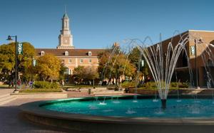 [Jody's Fountain and McConnell Tower at UNT Library Mall]