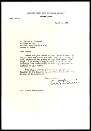 Primary view of object titled '[Letter from Carl P. Collins to Jerome K. Crossman, March 1, 1965]'.