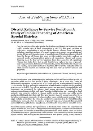 Primary view of object titled 'District Reliance by Service Function: A Study of Public Financing of American Special Districts'.