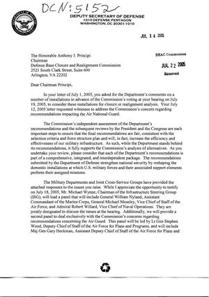 DoD Clearinghouse Response from Mr. Gordon England (Dep. Sec. Def.) to Chairman Principi dtd July 14, 2005