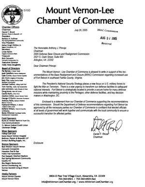 Coalition Correspondence - Mount Vernon-Lee Chamber of Commerce Alexandria Virginia to Commission Regarding Fort Belvoir