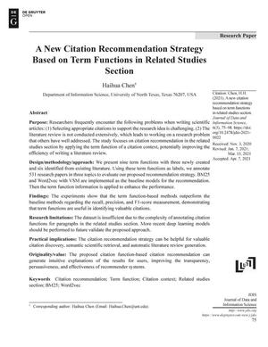 Primary view of object titled 'A New Citation Recommendation Strategy Based on Term Functions in Related Studies Section'.