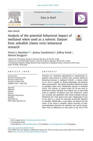 Analysis of the potential behavioral impact of methanol when used as a solvent: Dataset from zebrafish (Danio rerio) behavioral research