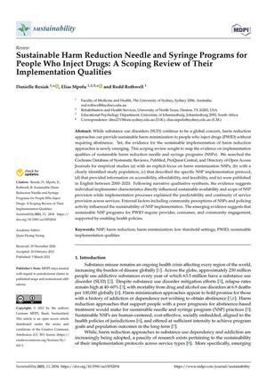 Primary view of object titled 'Sustainable Harm Reduction Needle and Syringe Programs for People Who Inject Drugs: A Scoping Review of Their Implementation Qualities'.