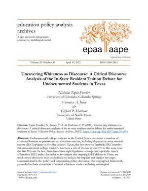 Uncovering whiteness as discourse: A critical discourse analysis of the in-state resident tuition debate for undocumented students in Texas