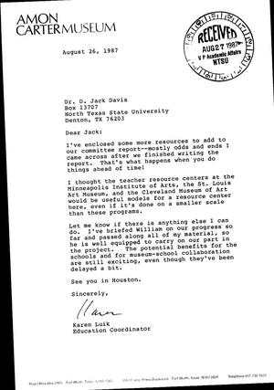 [Letter from Karen Luik to D. Jack Davis, August 26, 1987, with attachments]