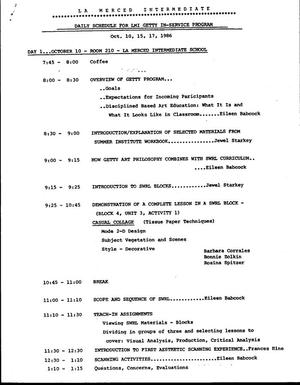 Daily schedule for LMI Getty In-Service Program Oct. 10, 15, 17, 1986