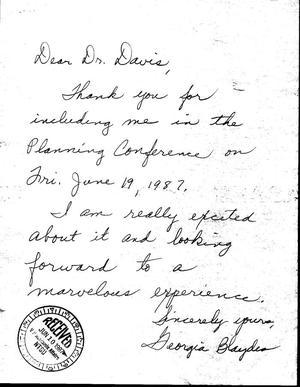 [Letter from Georgia Blaydes to Jack Davis, 1987]