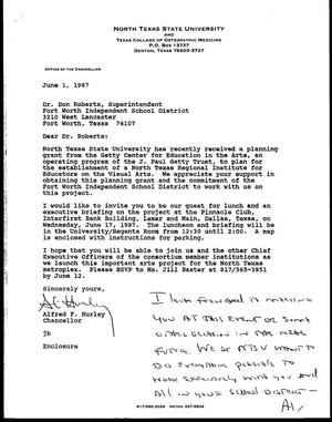 [Letter from Alfred Hurley to Don Roberts, June 1, 1987]