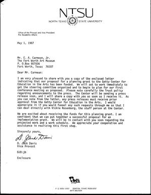 [Letter from D. Jack Davis to E. A. Carmean Jr., May 1, 1987]