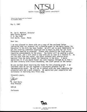 [Letter from D. Jack Davis to Jan K. Muhlert, May 1, 1987]