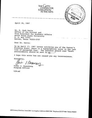 [Letter from Vicki J. Rosenberg to D. Jack Davis, April 20, 1987]]